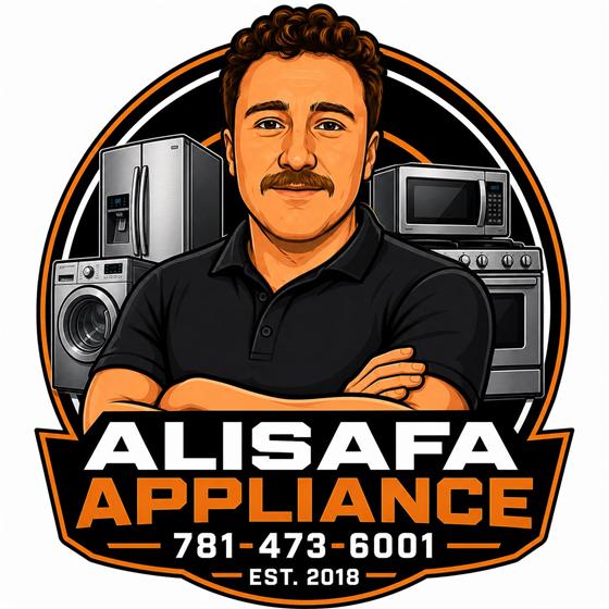 Alisafa Appliance Repair: an illustrated portrait of Ali with arms folded, standing in front of a refrigerator, washer, microwave and range. Phone 781-473-6001, established 2018.